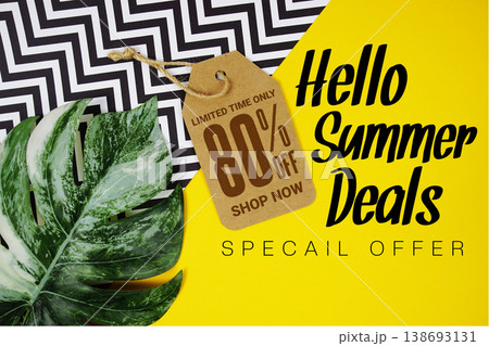 Hello Summer Deal 80% with Price tag and summer decorations on yellow background 138693131