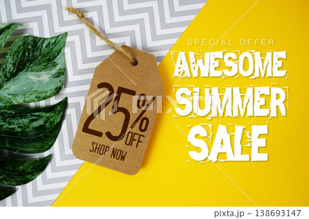 Hello Summer Sale 25% with Price tag and summer decorations on yellow background Hello Summer Sale 25% with Price tag and summer decorations on yellow background 138693147