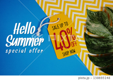 Hello Summer Sale 40% with Price tag and summer decorations on blue background Hello Summer Sale 40% with Price tag and summer decorations on blue background 138693148