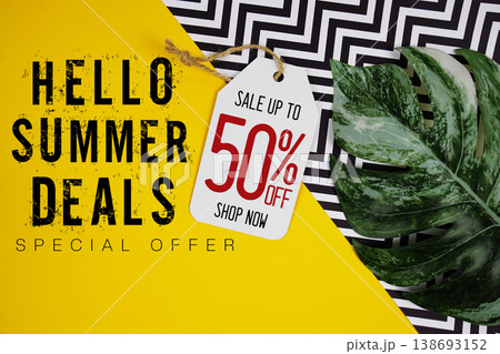 Hello Summer Sale 50% with Price tag and summer decorations on yellow background Hello Summer Sale 50% with Price tag and summer decorations on yellow background 138693152