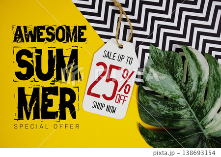Hello Summer Sale 25% with Price tag and summer decorations on yellow background 138693154