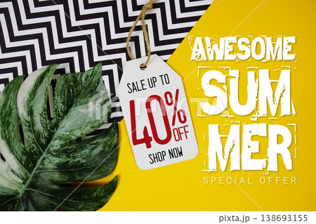 Hello Summer Sale 40% with Price tag and summer decorations on yellow background 138693155