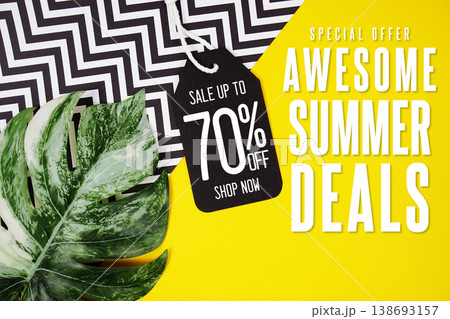 Hello Summer Sale 70% with Price tag and summer decorations on yellow background 138693157
