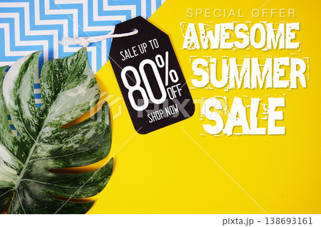 Hello Summer Sale 80% with Price tag and summer decorations on yellow background Hello Summer Sale 80% with Price tag and summer decorations on yellow background 138693161