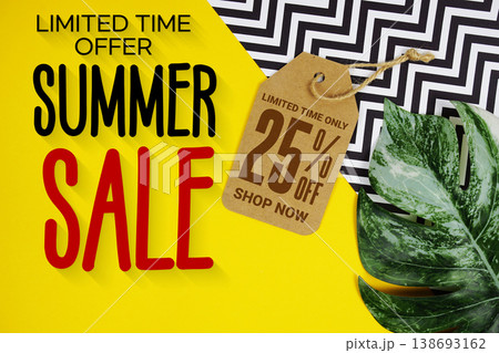 Summer Sale 25% with Price tag and summer decorations on yellow background Summer Sale 25% with Price tag and summer decorations on yellow background 138693162