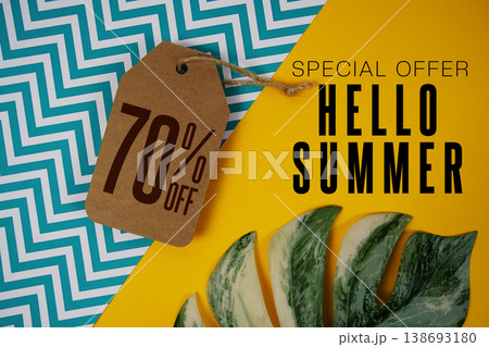 Hello Summer Sale 70% with Price tag and summer decorations on yellow background Hello Summer Sale 70% with Price tag and summer decorations on yellow background 138693180