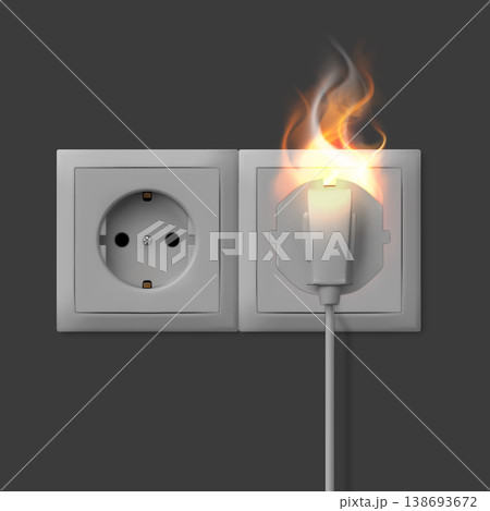 Power socket with two round pins and burning electric plug, 3D vector realistic electric double energy outlet ignite Power socket with two round pins and burning electric plug, 3D vector realistic electric double energy outlet ignite 138693672