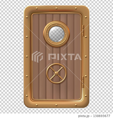 Submarine door with a circular wheel lock and round window porthole, vector realistic 3D timber bunker hopper door close Submarine door with a circular wheel lock and round window porthole, vector realistic 3D timber bunker hopper door close 138693677