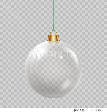 A round glass Christmas tree ball with a gold clasp and thread on a transparent background. A round glass Christmas tree ball with a gold clasp and thread on a transparent background. 138693690