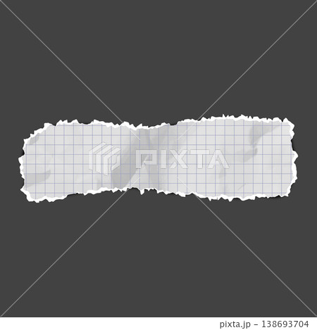 Crumpled torn checkered paper strip, vector realistic wrinkled school page scrap, white torn sheet of notebook fragment Crumpled torn checkered paper strip, vector realistic wrinkled school page scrap, white torn sheet of notebook fragment 138693704