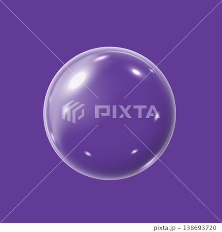 Realistic 3D glass ball with glares and highlight effect, vector glossy transparent volume glass sphere bubble on purple 138693720