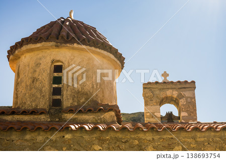 Detail of architecture church in Vathia town, Mani Greece. Detail of architecture church in Vathia town, Mani Greece. 138693754
