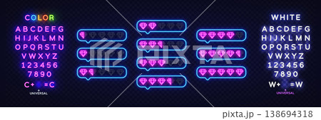 Neon diamond rating bubbles glowing in bright colors. Luxury feedback icons showing different value levels on dark brick wall background Neon diamond rating bubbles glowing in bright colors. Luxury feedback icons showing different value levels on dark brick wall background 138694318
