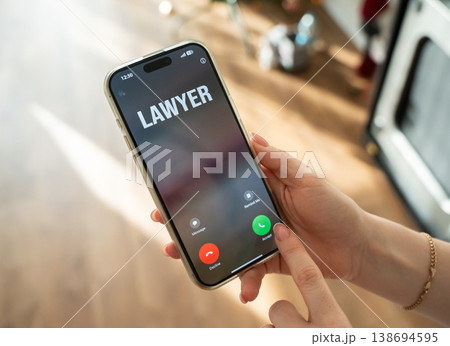 Incoming call from a lawyer. Legal support, ongoing contact. Urgent consultation ensures protection of rights and risk management. Business relies on continuous legal guidance and timely advice. 138694595