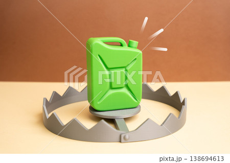 A green canister in a trap. Concerns about investing in green energy and fuel emerge. Risk assessment highlights uncertainty in sustainable projects and renewable investment strategies. 138694613
