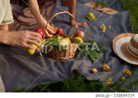 Preparing outdoor picnic with fresh fruits and natural sunlight 138694724