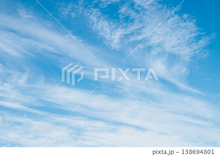 Panoramic view of a clear azure sky with wispy cirrus clouds. Soft blue gradients and airy textures create a vast minimalist backdrop with extensive copy space for web Panoramic view of a clear azure sky with wispy cirrus clouds. Soft blue gradients and airy textures create a vast minimalist backdrop with extensive copy space for web 138694801