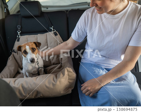 Caucasian woman travels by car with her dog. Jack Russell Terrier in a special car seat.  138694875