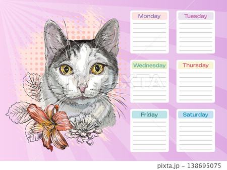 Gray and white cat with flowers planner and school schedule vector Gray and white cat with flowers planner and school schedule vector 138695075