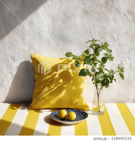 Sunny Interior with Yellow Pillow and Lemons 138695233