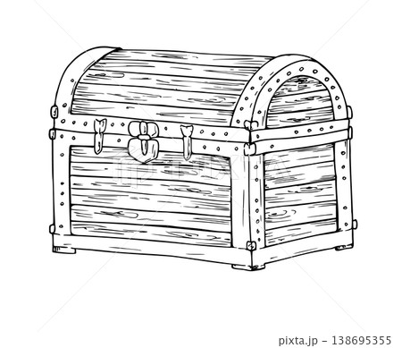Vector Pirate treasure chest. Hand painted linear illustration. Graphic monochrome sketch isolated on background. For designers, prints, logo, icon, menu, postcards, holiday, covers Vector Pirate treasure chest. Hand painted linear illustration. Graphic monochrome sketch isolated on background. For designers, prints, logo, icon, menu, postcards, holiday, covers 138695355