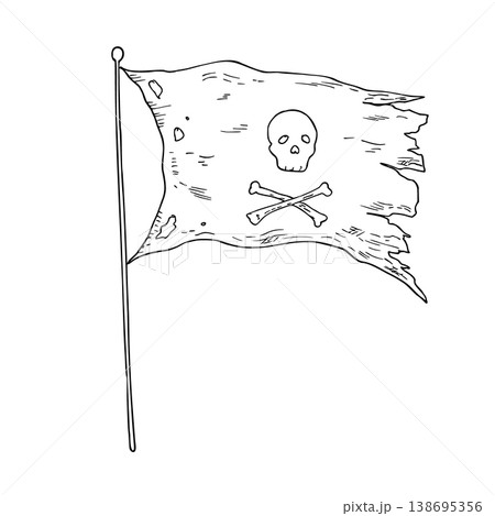 Vector Pirate Flag with Skull and Crossbones. Hand painted linear illustration. Graphic monochrome sketch isolated on background. For designers, prints, logo, icon, menu, postcards, holiday, covers Vector Pirate Flag with Skull and Crossbones. Hand painted linear illustration. Graphic monochrome sketch isolated on background. For designers, prints, logo, icon, menu, postcards, holiday, covers 138695356