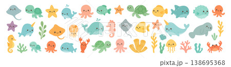 Set of sea animals, corals, and plants in kawaii style. Adorable underwater characters for marine designs 138695368