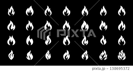 Set of white flame icons on black background. Vector fire silhouettes for hot, energy, hazard and modern design elements Set of white flame icons on black background. Vector fire silhouettes for hot, energy, hazard and modern design elements 138695372