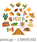 Mexican culture circular composition with traditional symbols, food, animals and festive icons 138695382