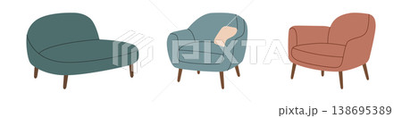 Modern accent chairs. Cozy, trendy seating furniture illustrations in pastel tones for decor visuals and interior layouts. Modern accent chairs. Cozy, trendy seating furniture illustrations in pastel tones for decor visuals and interior layouts. 138695389
