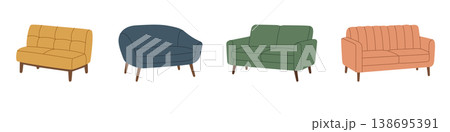 Vector loveseat and sofa collection in pastel tones. Modern and cozy interior furniture designs for home decor illustrations. 138695391