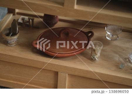 Wooden shelf with clay pot minimal rustic kitchen interior stilllife Wooden shelf with clay pot minimal rustic kitchen interior stilllife 138696050