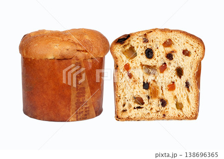 Traditional Christmas panettone, sliced and filled with candied fruit and raisins, set on a white background. A classic sweet bread from Italian cuisine. Traditional Christmas panettone, sliced and filled with candied fruit and raisins, set on a white background. A classic sweet bread from Italian cuisine. 138696365
