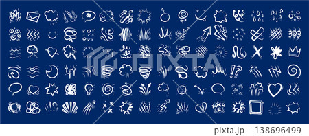 Line cartoon comic expression icons in blue background. Doodle movement marks, bubbles, boom and spark shapes Line cartoon comic expression icons in blue background. Doodle movement marks, bubbles, boom and spark shapes 138696499