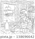 Old sailor in tavern interior black and white vector illustration 138696642