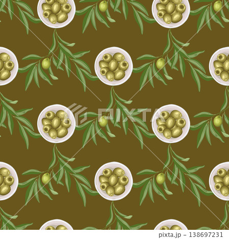 Olive fruit in bowl vector seamless pattern. Hand drawn leaves and branch on green background. Organic greek food for restaurant menu design. Natural italian kitchen textile fabric or wallpaper. 138697231