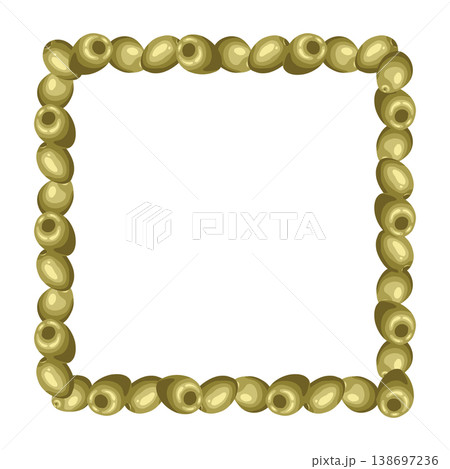 Olives square frame vector food illustration. Hand drawn composition with green fruit in natural style. Healthy organic ingredient for restaurant menu and logo design. Perfect for product packaging. 138697236