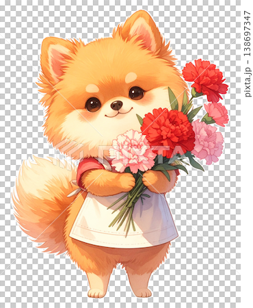 A Pomeranian in an apron holding a carnation - Mother's Day/flower shop themed cutout design #3 138697347