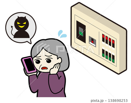 分電盤を前にスマホで電話相談する高齢女性 138698253