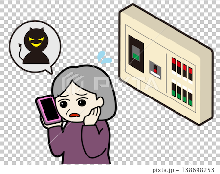 分電盤を前にスマホで電話相談する高齢女性 138698253