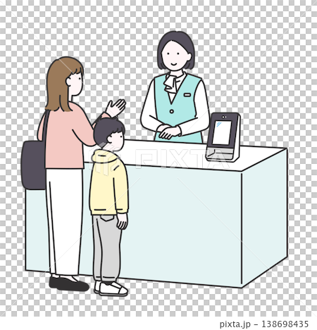 An illustration of a patient with a child consulting with a female staff member at the hospital reception. An illustration of a patient with a child consulting with a female staff member at the hospital reception. 138698435