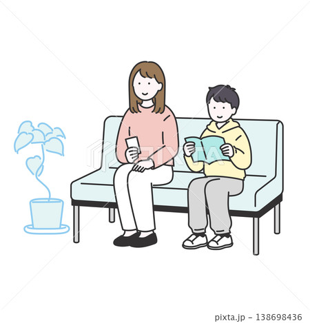 待合室のソファで順番を待つ親子のシンプルベクターイラスト 138698436
