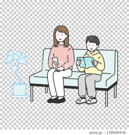 A simple vector illustration of a parent and child waiting their turn on a sofa in a waiting room. 138698436