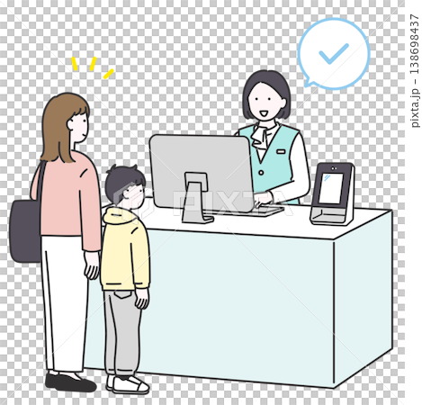 An illustration of a female hospital staff member guiding a patient with a child to complete the necessary procedures at the hospital reception. An illustration of a female hospital staff member guiding a patient with a child to complete the necessary procedures at the hospital reception. 138698437