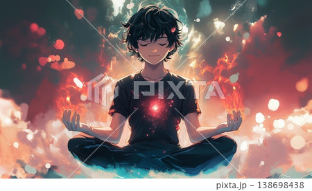 Anime illustration of a boy meditating while sitting cross-legged, with an aurora-like aura light effect. 138698438