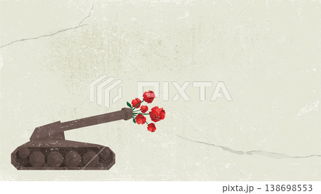 military Tank with red roses at the muzzles of cannon polygon shapes painted on old cement wall fade condition have blank space. military Tank with red roses at the muzzles of cannon polygon shapes painted on old cement wall fade condition have blank space. 138698553
