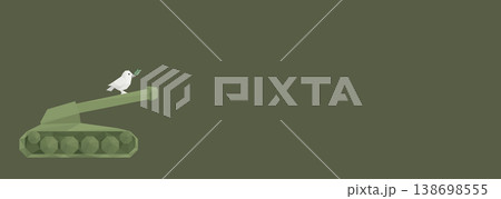 Peace dove carrying olive branch on military tank polygon shapes on green background have blank space. 138698555