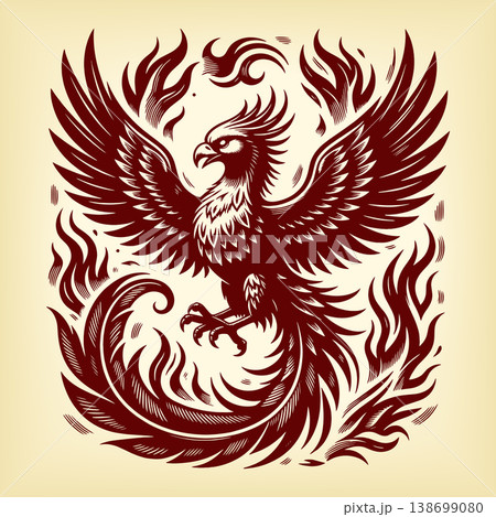 Phoenix Bird Rising From Flames engraving rasterのイラスト素材 [138699080] - PIXTA