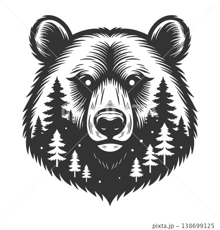 Bear Head With Forest Silhouette engraving raster Bear Head With Forest Silhouette engraving raster 138699125