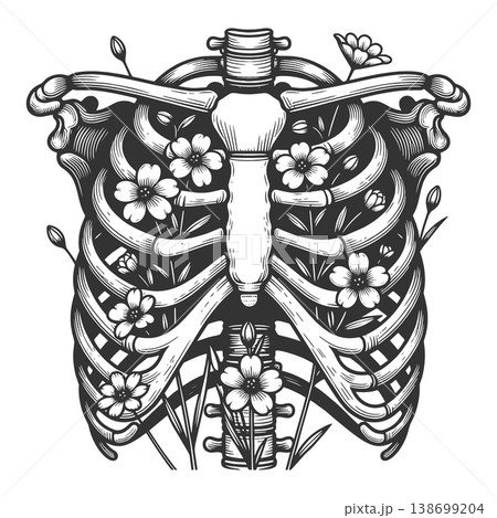 Anatomical Ribcage with Flowers engraving vector Anatomical Ribcage with Flowers engraving vector 138699204